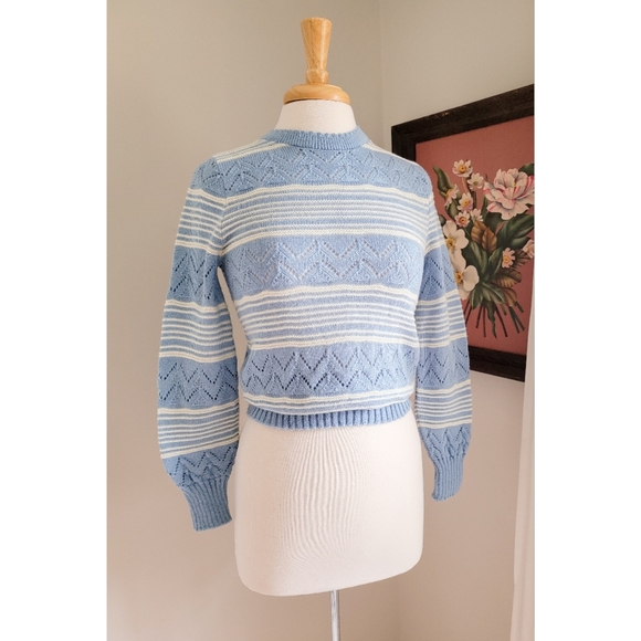 70s Pointelle Long Sleeve Cutwork 1970s Vintage Blue Striped Vintage Sweater - Picture 8 of 16